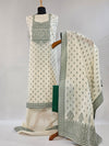 Cream & Green Kora Cotton Suit with Zari Weave and Elegant Bead Detailing