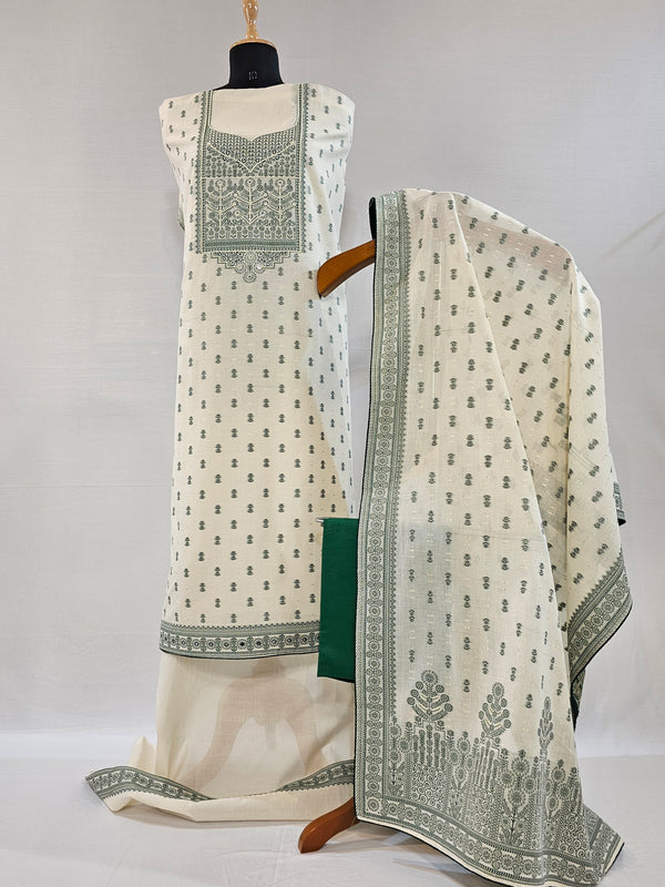 Cream & Green Kora Cotton Suit with Zari Weave and Elegant Bead Detailing