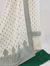 Cream & Green Kora Cotton Suit with Zari Weave and Elegant Bead Detailing
