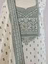 Cream & Green Kora Cotton Suit with Zari Weave and Elegant Bead Detailing