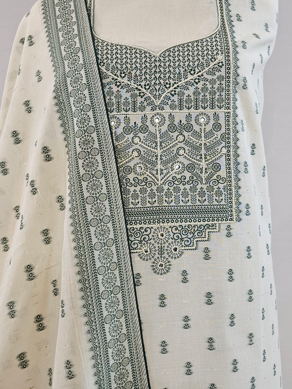 Cream & Green Kora Cotton Suit with Zari Weave and Elegant Bead Detailing