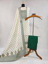 Cream & Green Kora Cotton Suit with Zari Weave and Elegant Bead Detailing