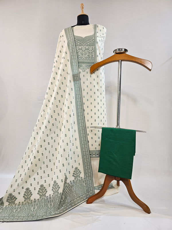 Cream & Green Kora Cotton Suit with Zari Weave and Elegant Bead Detailing
