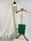 Cream & Green Kora Cotton Suit with Zari Weave and Elegant Bead Detailing