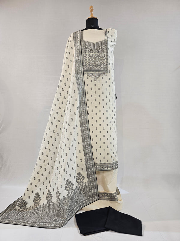 Elegant Cream Kora Cotton Unstitched Suit Set with Black- Zari Weave