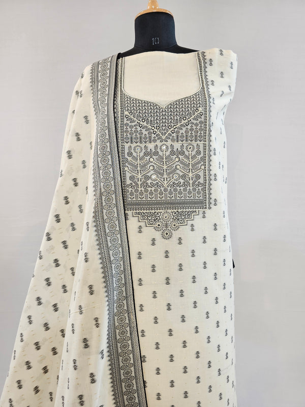 Elegant Cream Kora Cotton Unstitched Suit Set with Black- Zari Weave