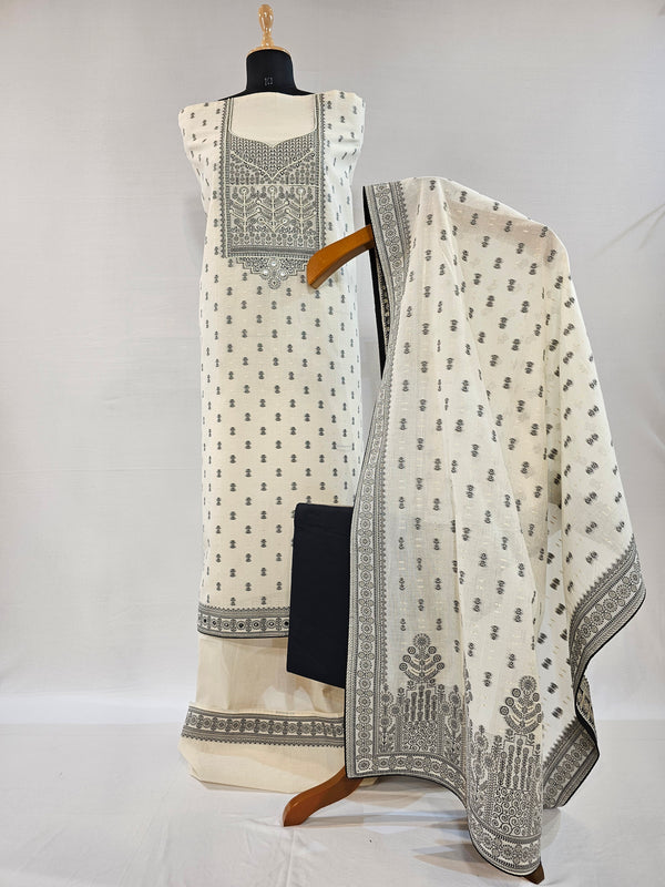 Elegant Cream Kora Cotton Unstitched Suit Set with Black- Zari Weave