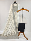 Elegant Cream Kora Cotton Unstitched Suit Set with Black- Zari Weave