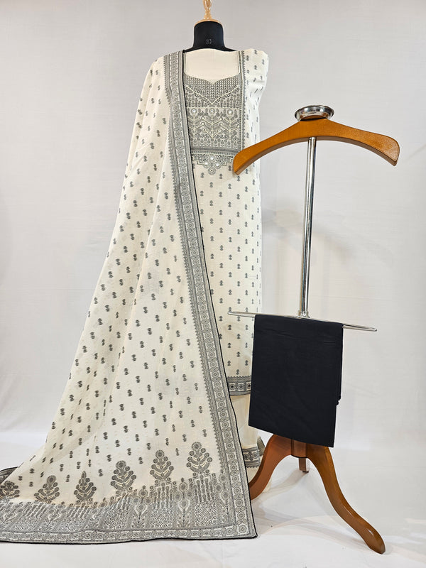 Elegant Cream Kora Cotton Unstitched Suit Set with Black- Zari Weave