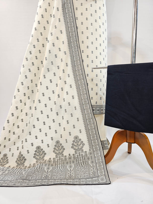 Elegant Cream Kora Cotton Unstitched Suit Set with Black- Zari Weave