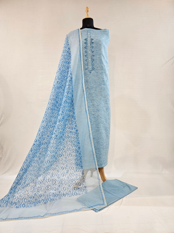 Elegant Light Blue Cotton Unstitched Suit with Hand Embroidery