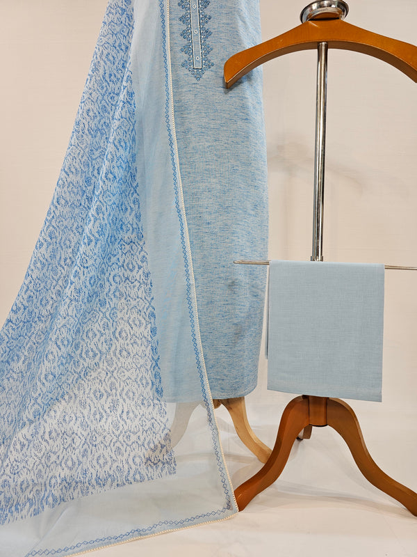 Elegant Light Blue Cotton Unstitched Suit with Hand Embroidery
