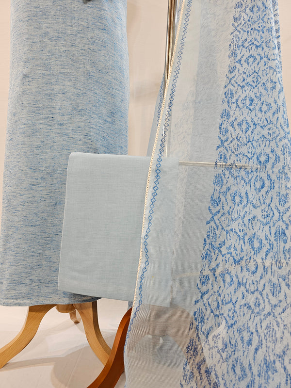 Elegant Light Blue Cotton Unstitched Suit with Hand Embroidery