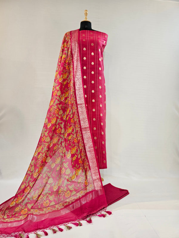 Elegant Magenta Chanderi Silk Unstitched Suit with Kantha Stitch & Zari Weave