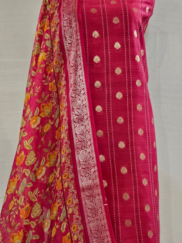 Elegant Magenta Chanderi Silk Unstitched Suit with Kantha Stitch & Zari Weave