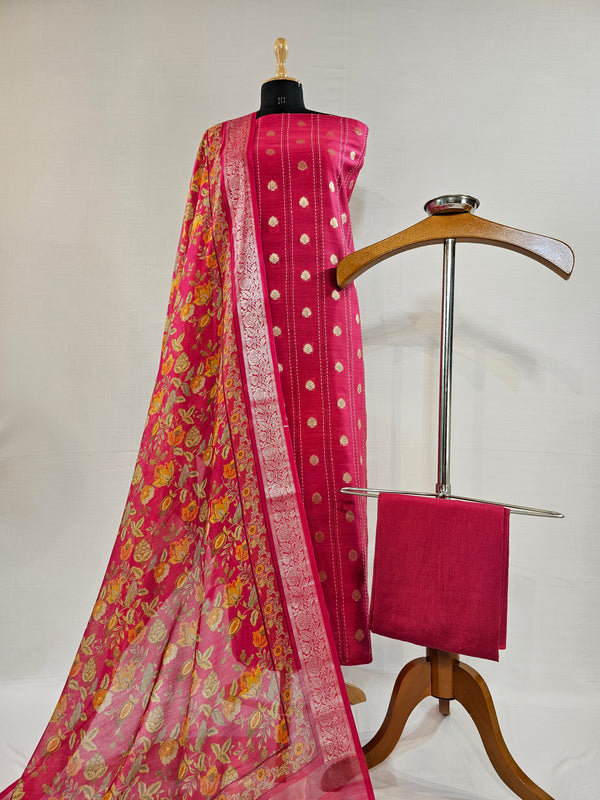 Elegant Magenta Chanderi Silk Unstitched Suit with Kantha Stitch & Zari Weave