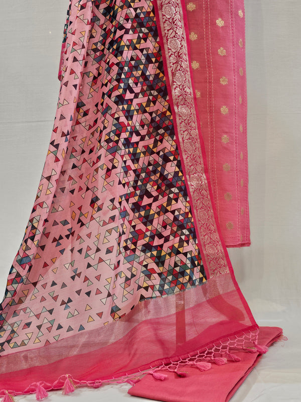 Elegant Light Pink Chanderi Silk Unstitched Suit Set with Kantha Stitch & Zari Work