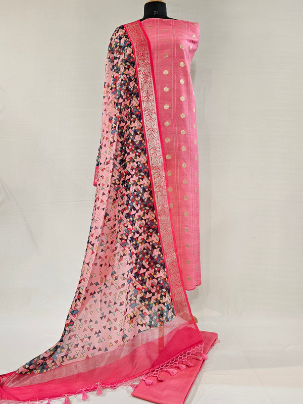Elegant Light Pink Chanderi Silk Unstitched Suit Set with Kantha Stitch & Zari Work