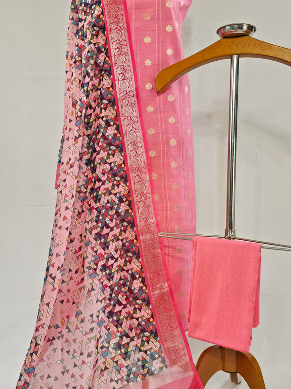 Elegant Light Pink Chanderi Silk Unstitched Suit Set with Kantha Stitch & Zari Work