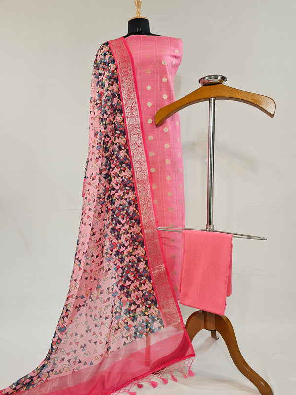 Elegant Light Pink Chanderi Silk Unstitched Suit Set with Kantha Stitch & Zari Work
