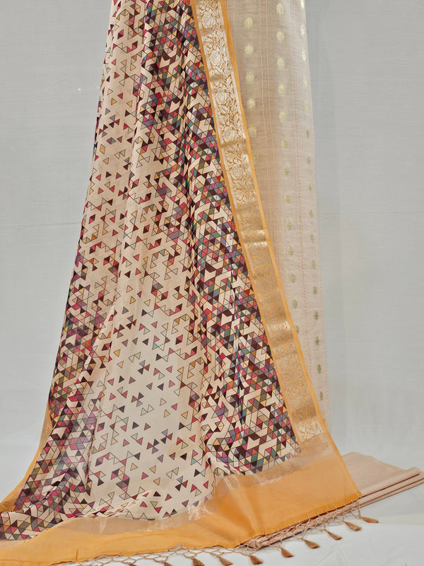 Light Peach Chanderi Silk Unstitched Suit with Kantha Stitch & Zari Weave