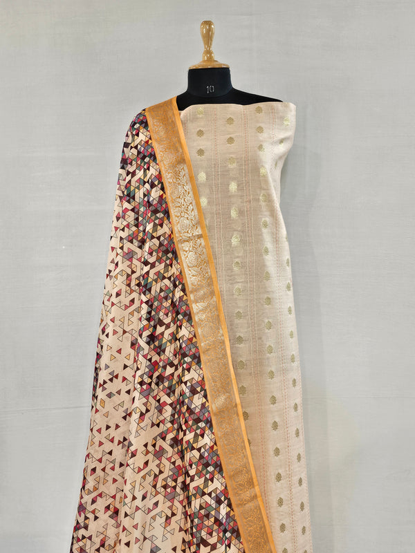 Light Peach Chanderi Silk Unstitched Suit with Kantha Stitch & Zari Weave