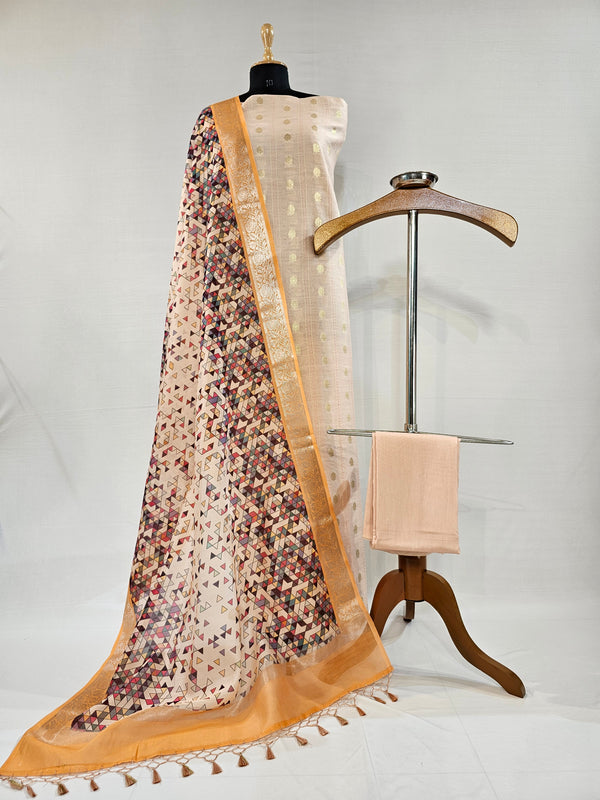 Light Peach Chanderi Silk Unstitched Suit with Kantha Stitch & Zari Weave