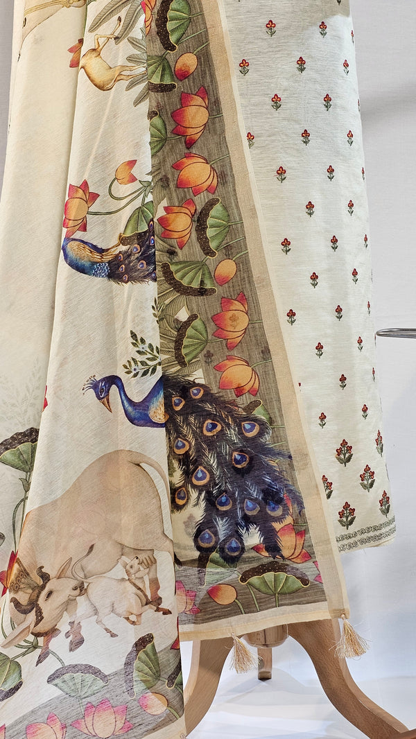 Light Yellow Linen Suit with Pitchwai Art Digital Dupatta