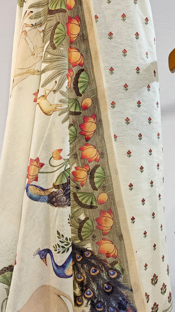 Light Yellow Linen Suit with Pitchwai Art Digital Dupatta