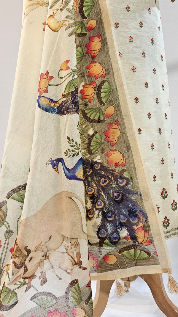 Light Yellow Linen Suit with Pitchwai Art Digital Dupatta