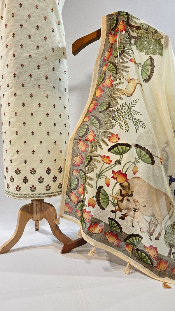 Light Yellow Linen Suit with Pitchwai Art Digital Dupatta