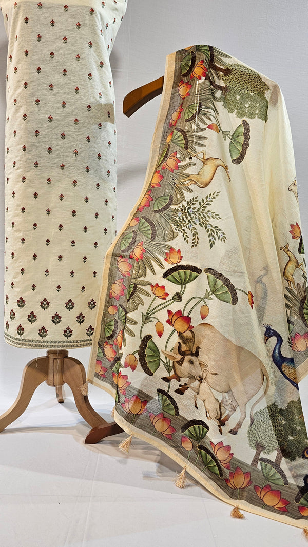 Light Yellow Linen Suit with Pitchwai Art Digital Dupatta