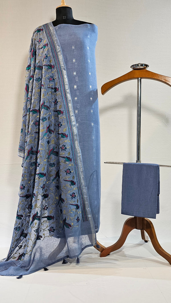 Elegant Lilac Linen Unstitched Suit with Silver Zari and Bird Embroidered Dupatta