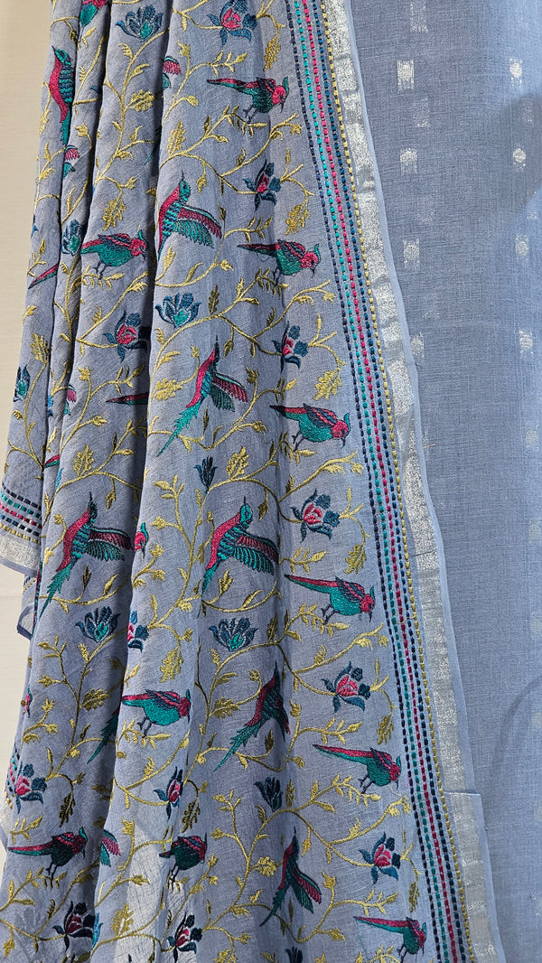 Elegant Lilac Linen Unstitched Suit with Silver Zari and Bird Embroidered Dupatta