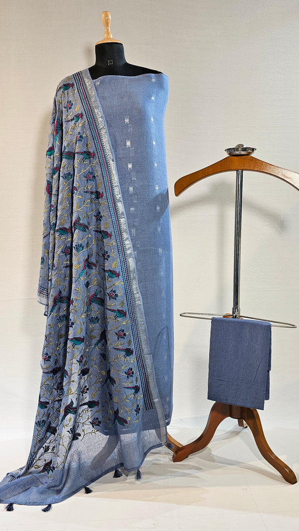 Elegant Lilac Linen Unstitched Suit with Silver Zari and Bird Embroidered Dupatta