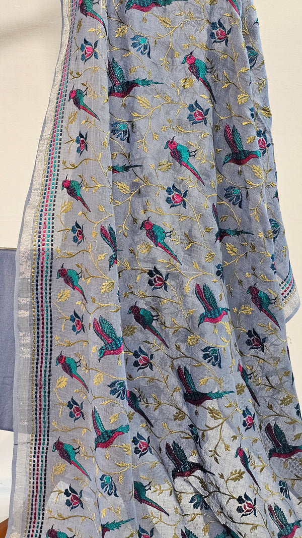 Elegant Lilac Linen Unstitched Suit with Silver Zari and Bird Embroidered Dupatta