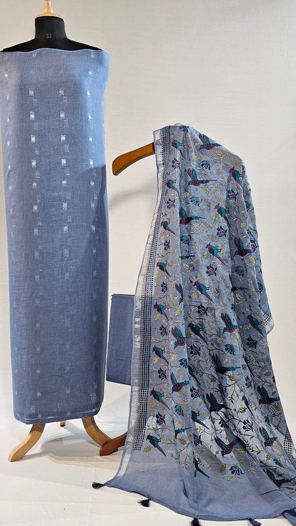 Elegant Lilac Linen Unstitched Suit with Silver Zari and Bird Embroidered Dupatta