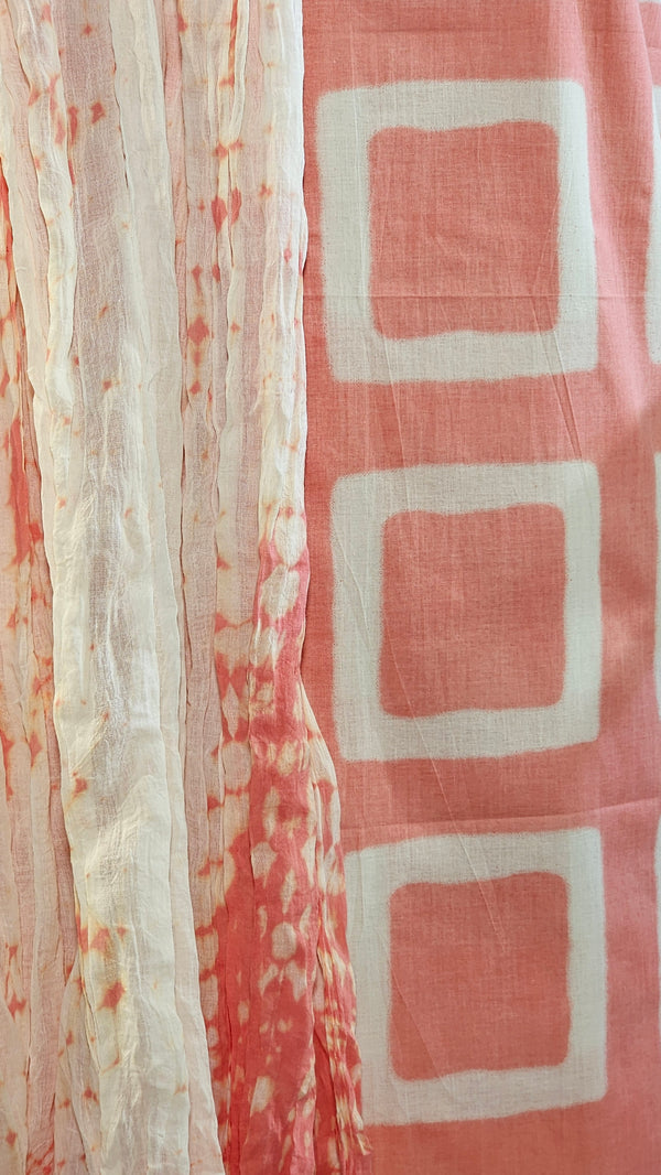 Cotton Unstitched Suit – Pink Block Print with Tie-Dye Dupatta