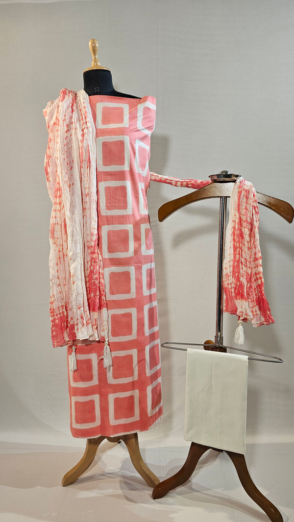Cotton Unstitched Suit – Pink Block Print with Tie-Dye Dupatta