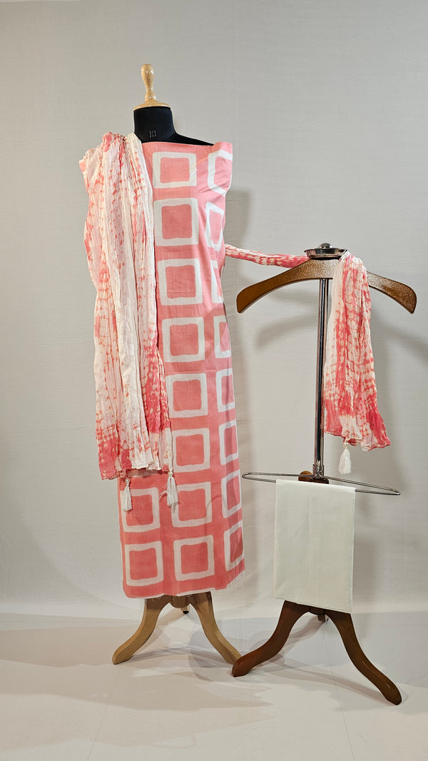 Cotton Unstitched Suit – Pink Block Print with Tie-Dye Dupatta