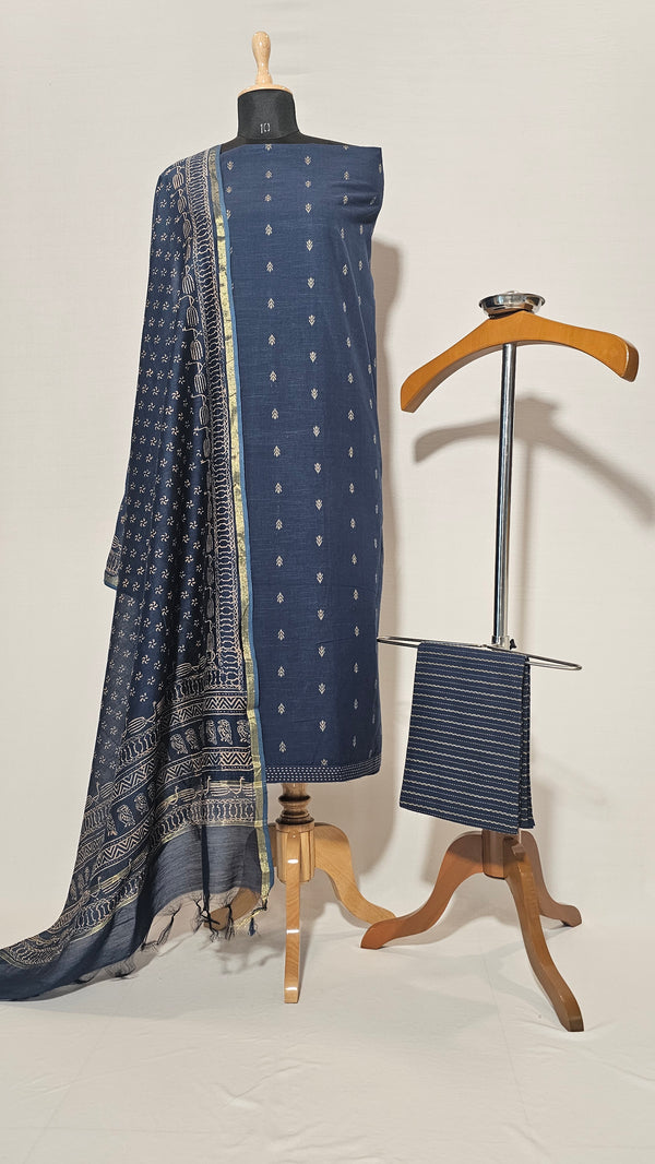 Soft Cotton Navy Blue Unstitched Suit with Chanderi Block Print Dupatta