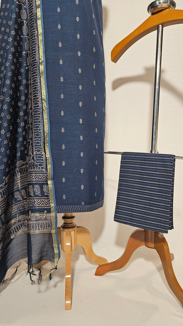 Soft Cotton Navy Blue Unstitched Suit with Chanderi Block Print Dupatta