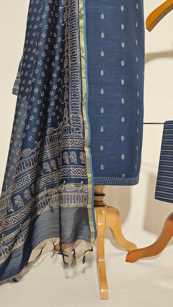 Soft Cotton Navy Blue Unstitched Suit with Chanderi Block Print Dupatta