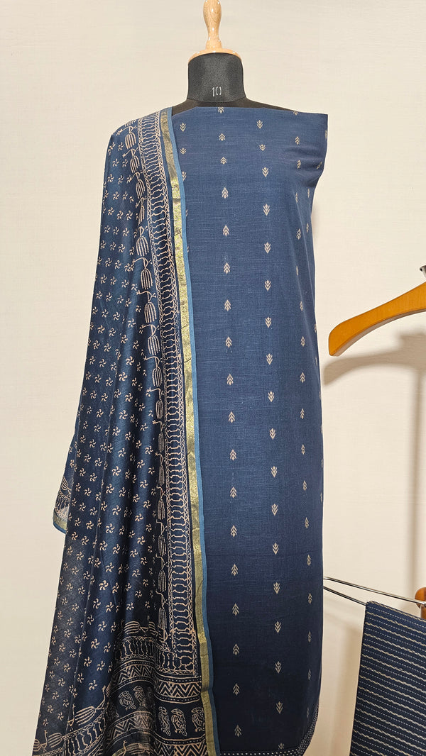 Soft Cotton Navy Blue Unstitched Suit with Chanderi Block Print Dupatta