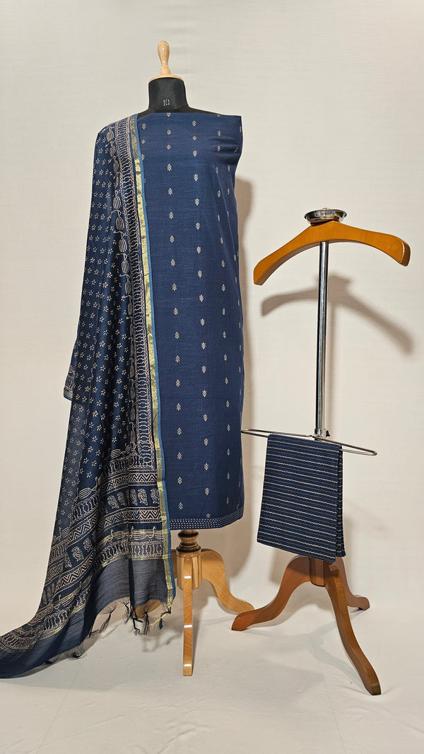 Soft Cotton Navy Blue Unstitched Suit with Chanderi Block Print Dupatta