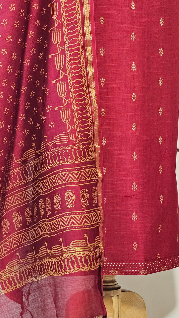 Soft Cotton Mehroon Unstitched Suit with Chanderi Block Print Dupatta