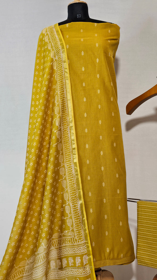Soft Cotton Mustard Unstitched Suit with Chanderi Block Print Dupatta