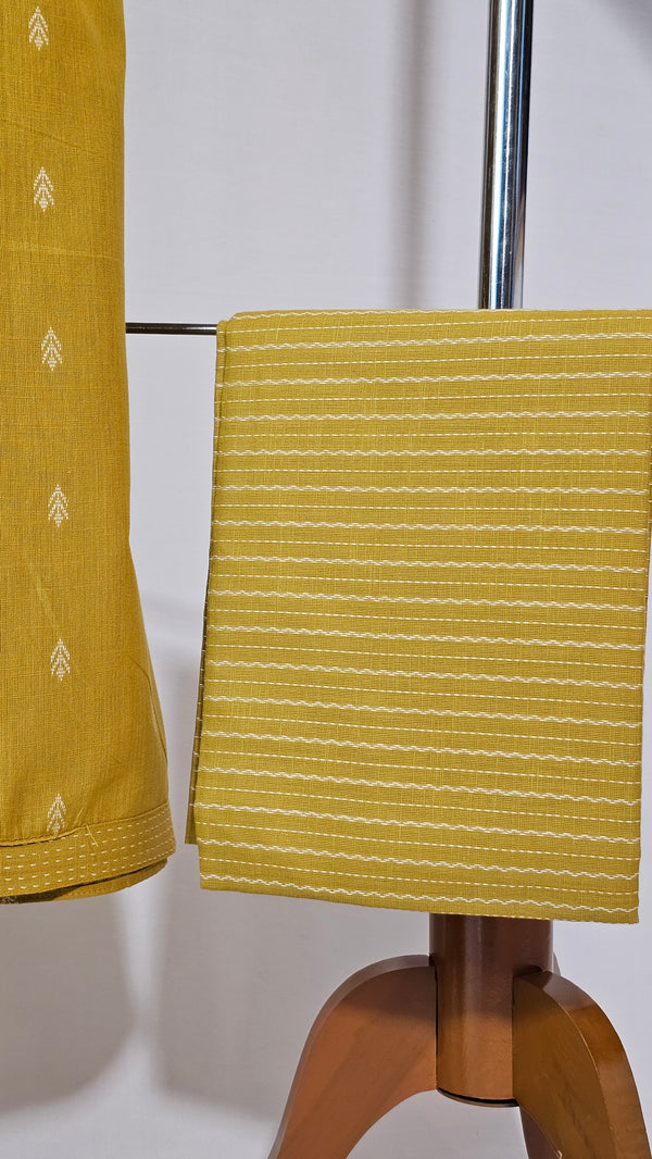 Soft Cotton Mustard Unstitched Suit with Chanderi Block Print Dupatta