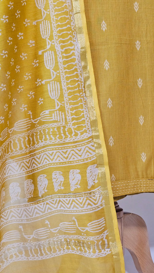 Soft Cotton Mustard Unstitched Suit with Chanderi Block Print Dupatta