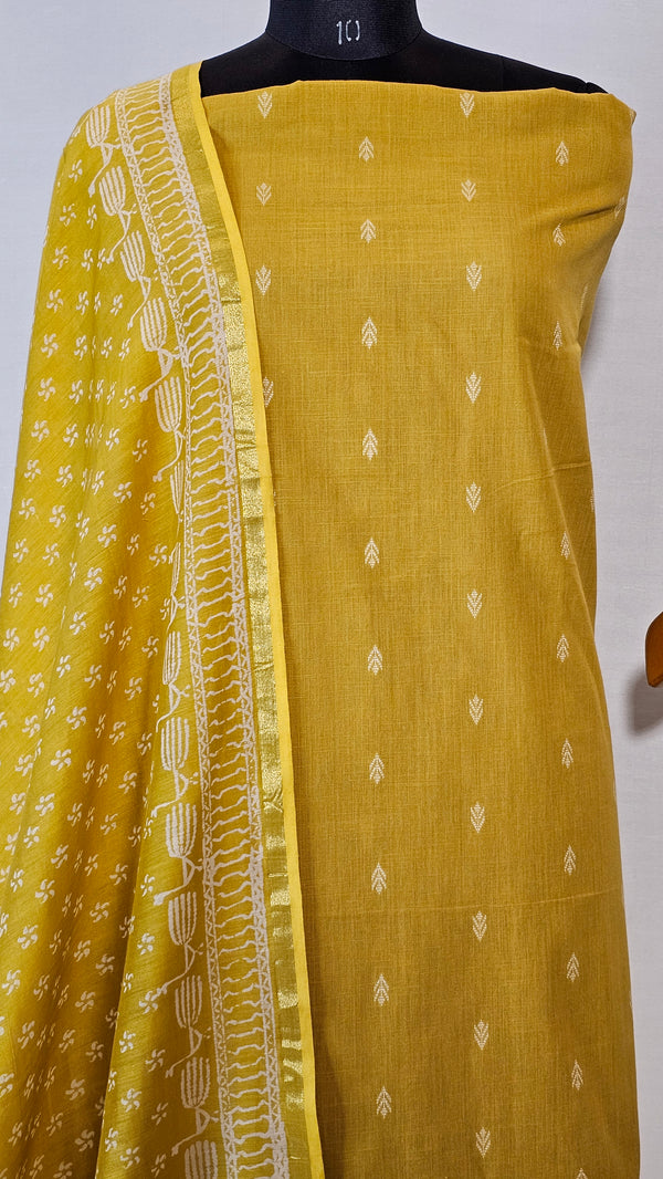 Soft Cotton Mustard Unstitched Suit with Chanderi Block Print Dupatta